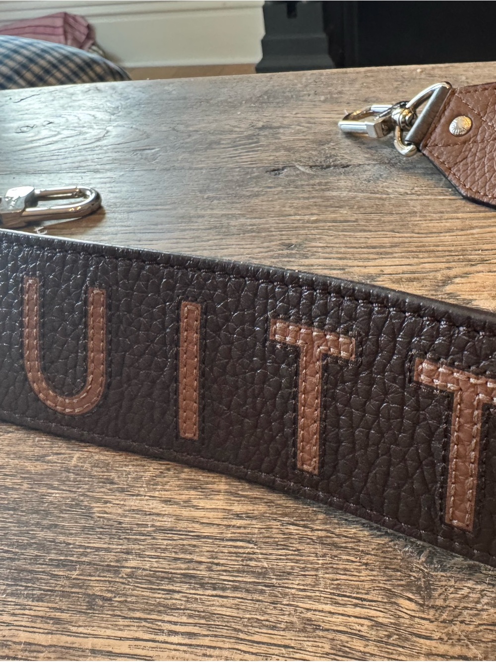 Louis Vuitton Brown Leather Messenger Strap with Tan Lettering
